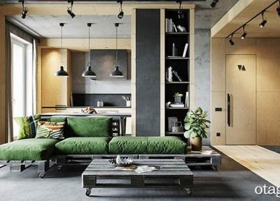 طراحی داخلی منزل شیک 72 متری با تزیینات چوبی و بتن اکسپوز